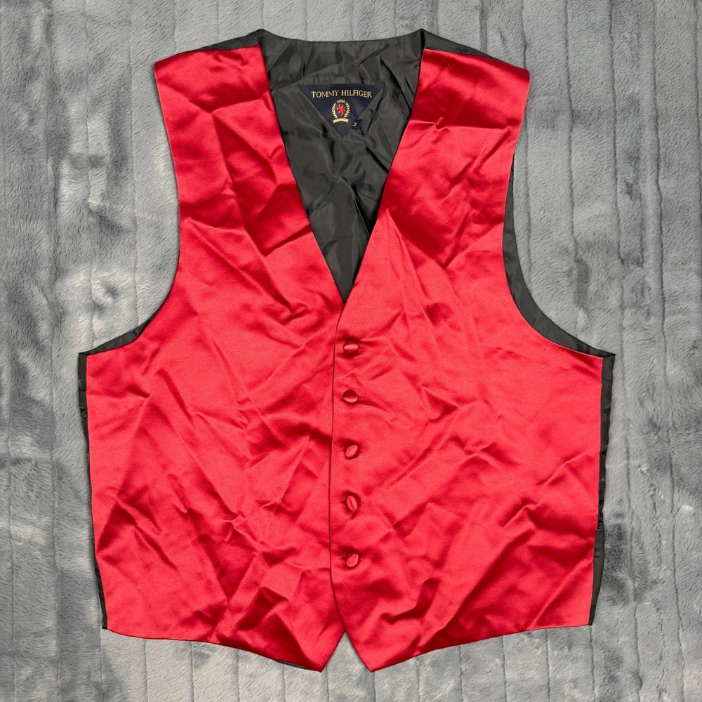 Tommy Hilfiger Mens Red Satin Formal Tuxedo Vest Made in USA Vintage Size ML